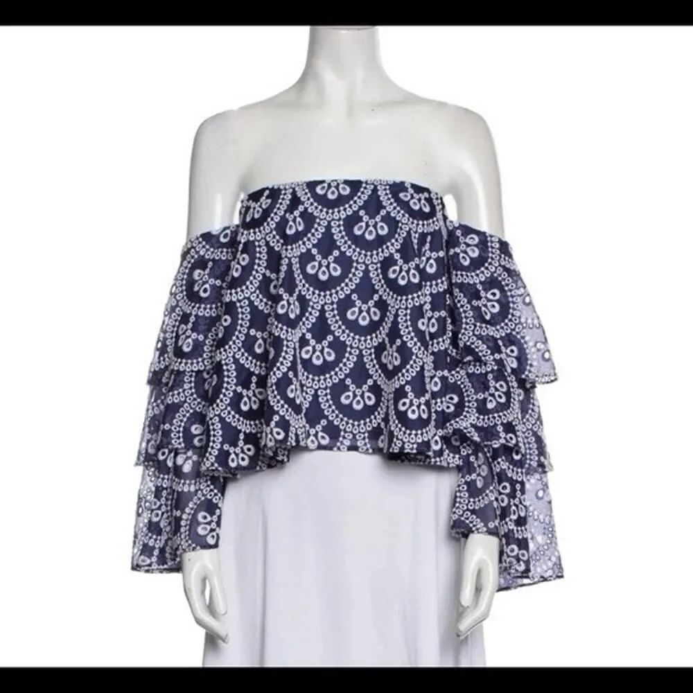 Caroline Constas Off Shoulder Corset Top Blue White Embroidered XS